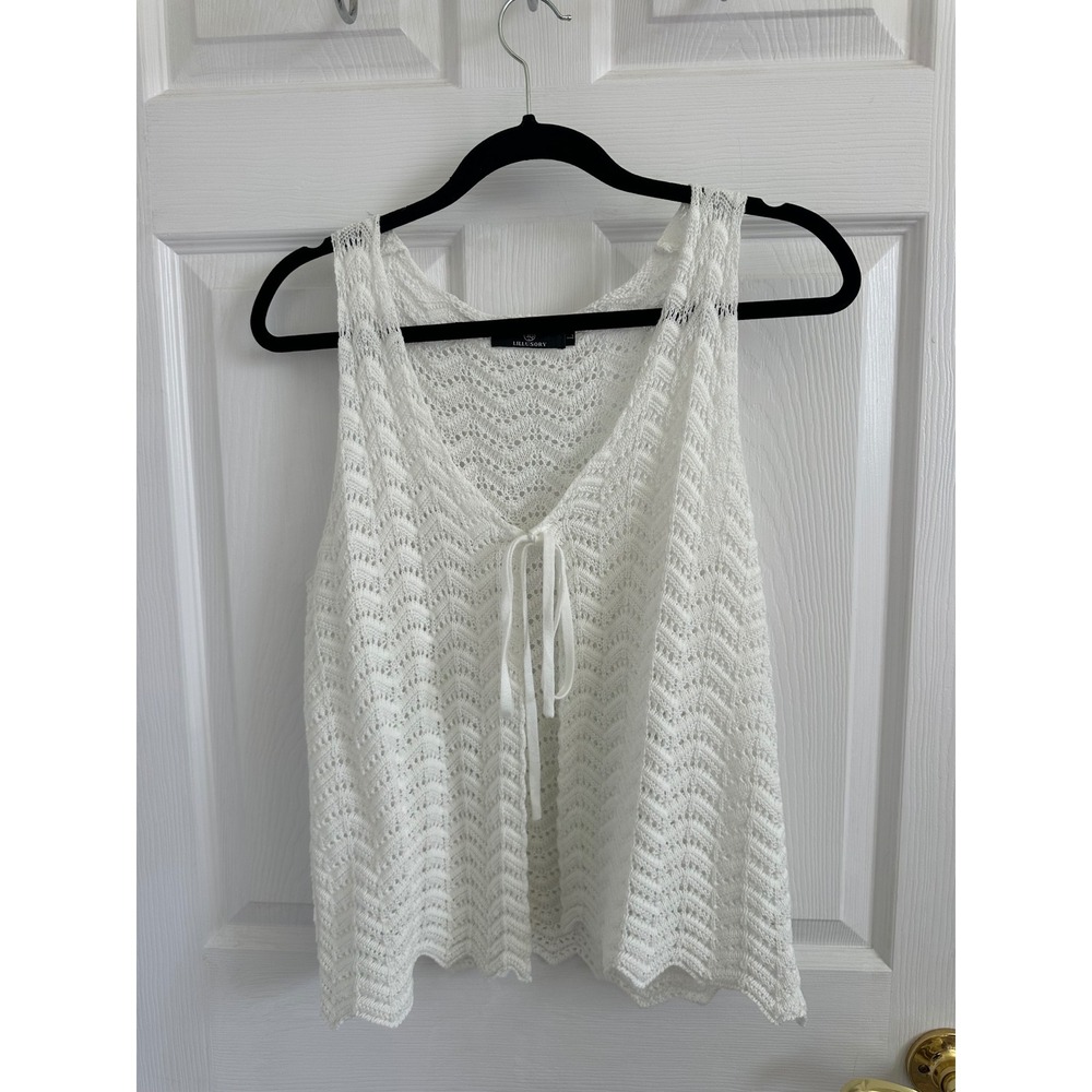 Lillusory White Crochet Knit Tie Front Sleeveless Top Chevron Pointelle Large